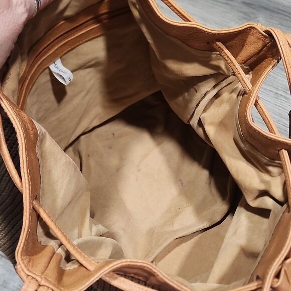 Vintage RARE Brio Taupe/Olive Knit Camel Leather Drawstring Bucket Satchel - Picture 12 of 16